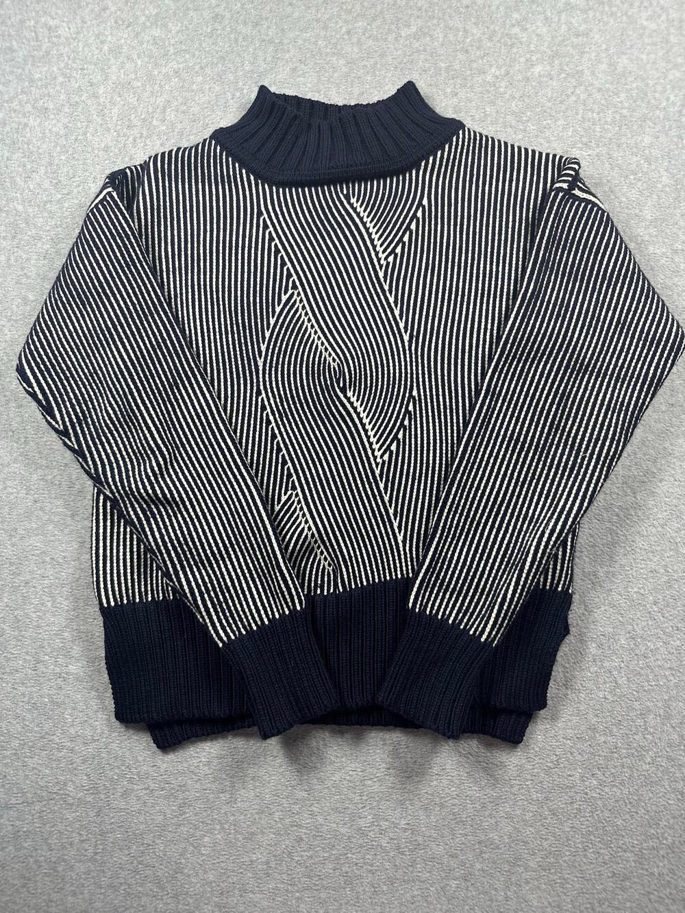 Suno Sweater Women's Size S Navy Cream Wavy Striped Ribbed Knit Mock Pullover
